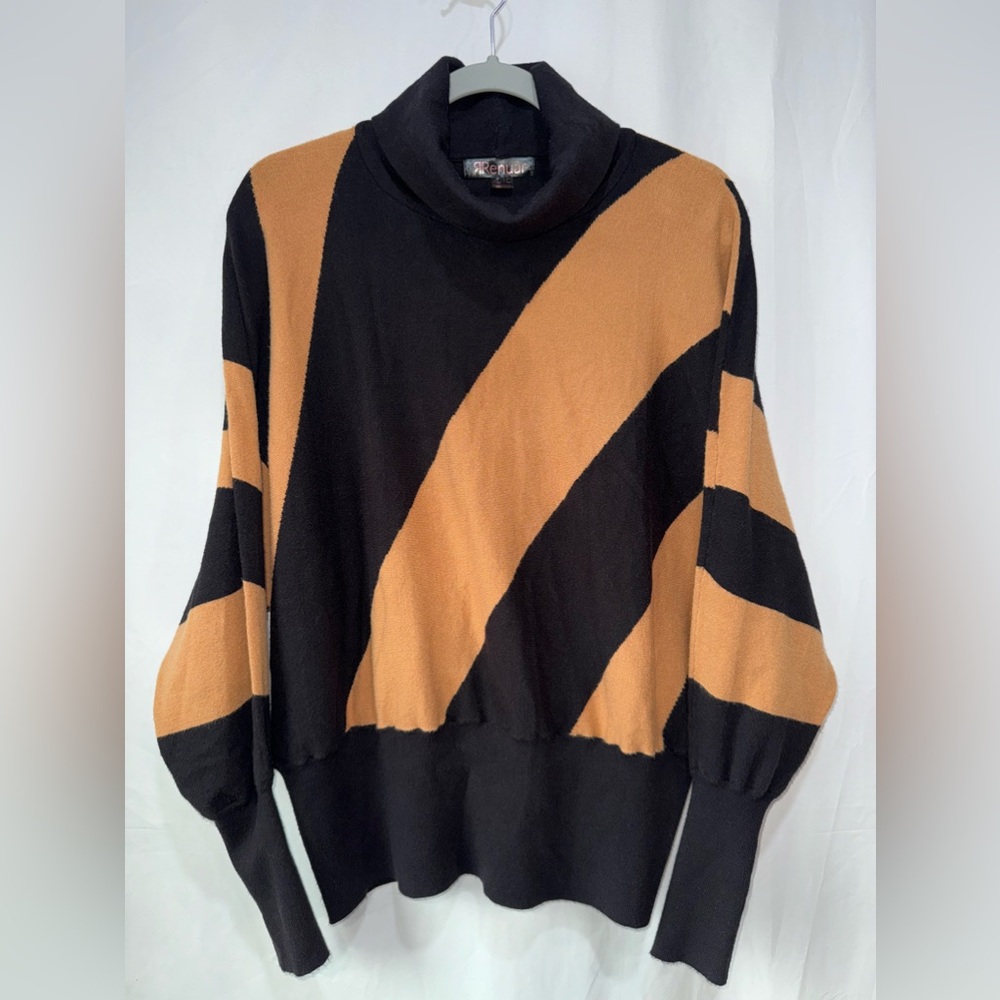 Renuar Diagonal Design Mock Neck Sweater Black Tan Soft Size XL